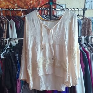 Hint of Mint Cream Blouse with Lace Accents